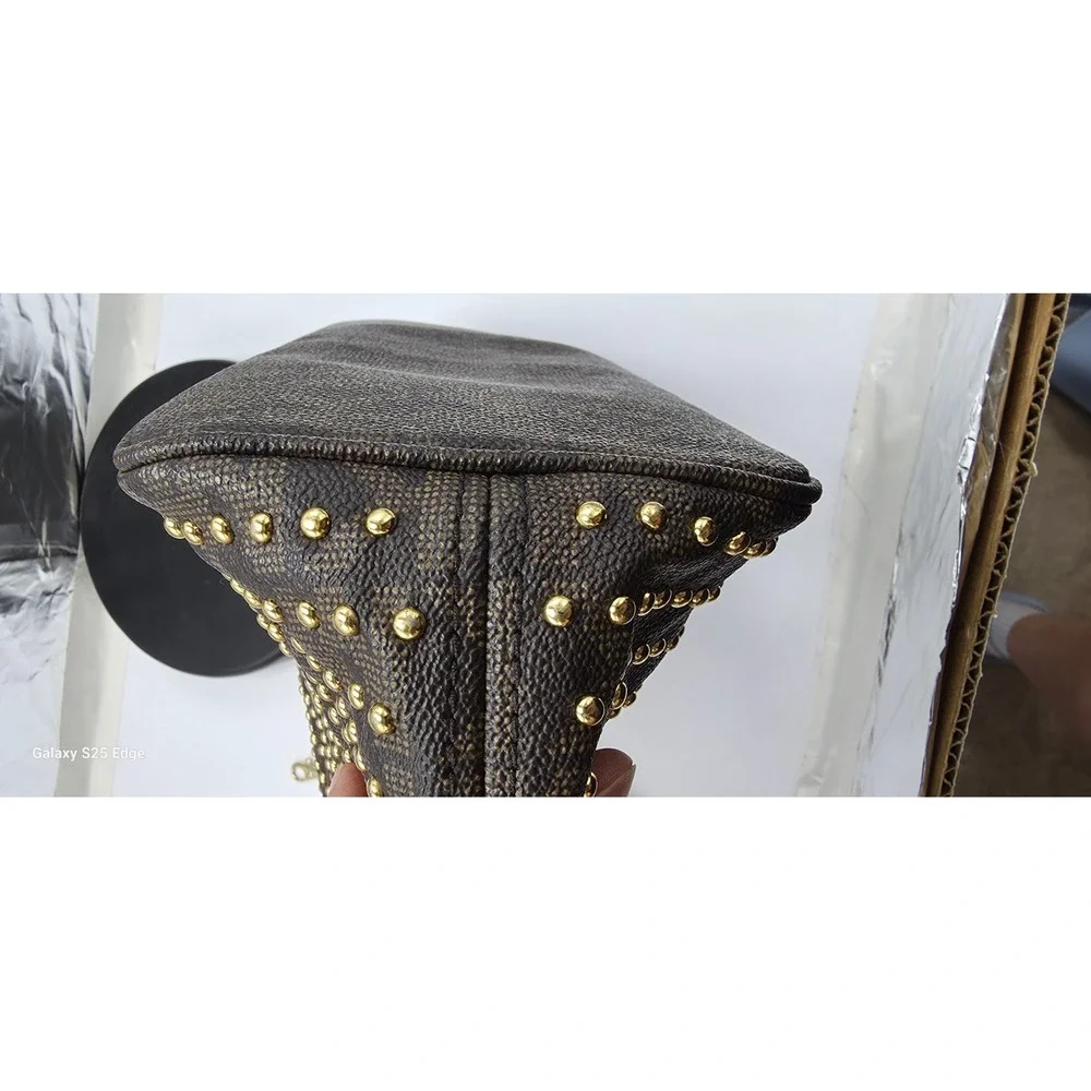 Michael Kors Selma Studded Tote Bag Brown Monogram Gold Studs Medium Handbag